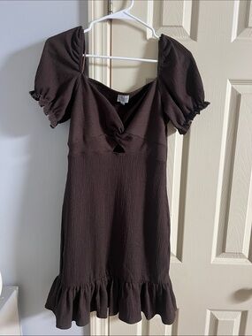Blue Rain Chocolate Brown Puff Sleeve Mini Dress with Ruffle Hem
